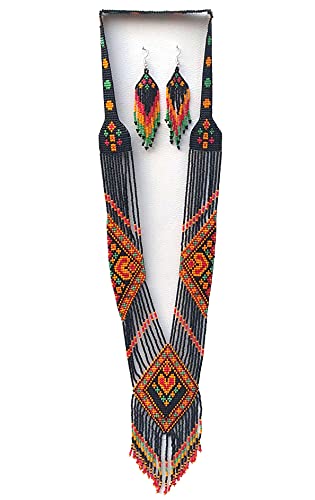Handmade Native American Style Tribal ethnic Seed Bead Beaded Layered Medallion Necklace 4 - color: Black Multi