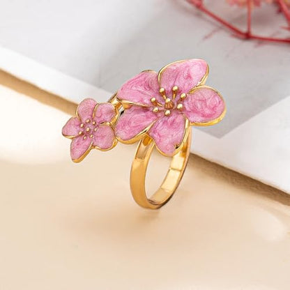 NewZenro Elegant Flower Enamel Adjustable Open Ring for Women Gold-Tone Plated Chic Cherry Blossoms Floral Statement Finger Wrap Band Rings Comfort Fit Wedding Party Prom Fashion Jewelry - color: Pink