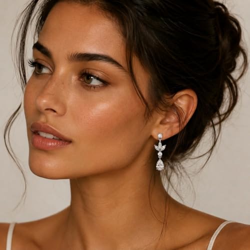 Sonateomber Gold Silver Pearl Rhinestone Dangle Earrings for Women, Elegant CZ Leaf Butterfly Bridal Earings Prom Wedding Fashion Jewelry Gift - color: Silver CZ