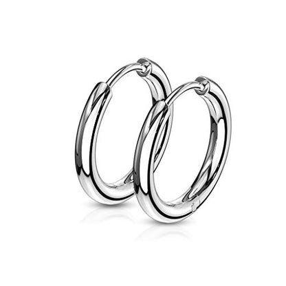 316L Stainless Steel 2.5mm Thick Round Hinged Hoop Earrings, Sold as a Pair - color: Silver Tone, size: 10mm Diameter