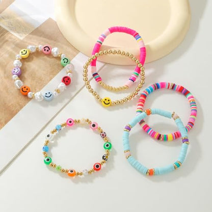 Friendship Bracelets for Women - Heishi Surfer Colorful Smile Evil Eye Clay Beaded Stretch Bracelets Elastic Layering - Stackable Boho Disc Y2K Aesthetic Summer Jewelry Set. - color: A-Evil Eye-6pc Colorful 01