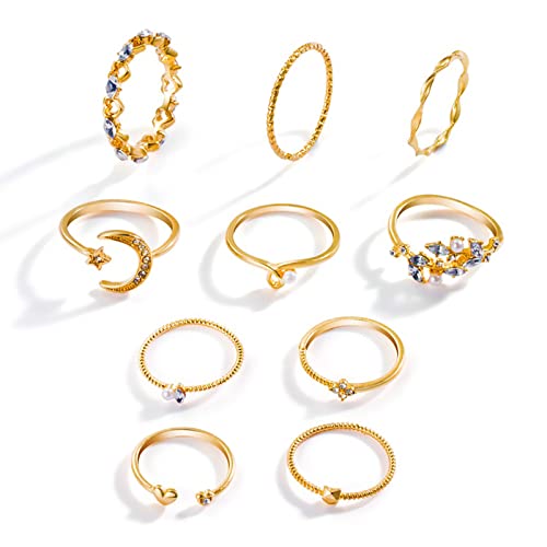 GIGB PBDK 14K Gold Vintage Knuckle Rings Set for Women,Boho Dainty Stackable Rings Midi Hollow Finger Rings Sparkle Knuckle Rings Moon Heart Wing Fashion Ring Pack Jewelry Gifts