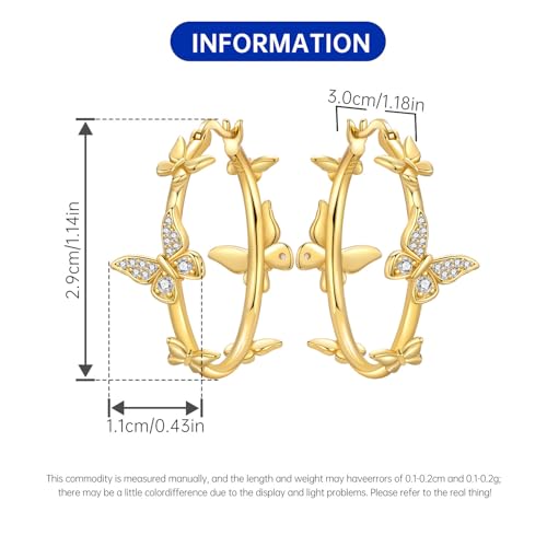 Floral Hoop Earrings 925 Sterling Silver with 14K Gold Plating – Lightweight CZ Flower Hoops | Hypoallergenic Jewelry for Women | Gift Box + Polishing Cloth - color: 29mm gold butterfly earrings