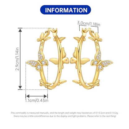 Floral Hoop Earrings 925 Sterling Silver with 14K Gold Plating – Lightweight CZ Flower Hoops | Hypoallergenic Jewelry for Women | Gift Box + Polishing Cloth - color: 29mm gold butterfly earrings