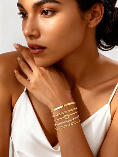 14K Gold Plated Stackable Bangle Bracelets Set for Women | Cuff Bracelet Stackable Bangles Bracelet for Women Trendy Fashion Accessories Tie Knot Cuban Rope Paperclip Beaded Bracelets - color: 5-layer D GD