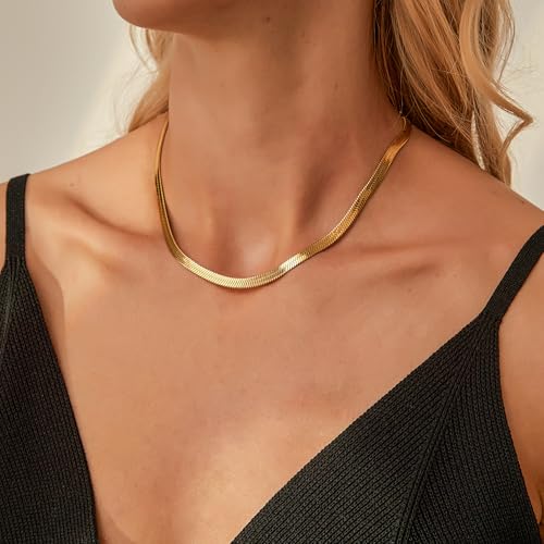 Jewlpire 3mm 4mm 5mm Herringbone Necklace 18K Gold Plated 925 Sterling Silver Chain Necklace for Women, Flat Snake Chain Necklace, Women's Chains Necklaces 16 18 20 22 24 Inch - color: 4mm 18K Gold Plated, size: 22 Inch (Women's Matinee Length)