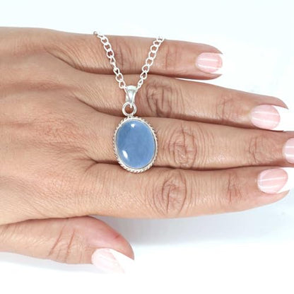 Chunky Natural Gemstone Pendant Necklace For Women Onyx, Turquoise, Amber, Garnet Oval Boho Genuine 925 Sterling Silver Handmade Jewelry - color: Angelite