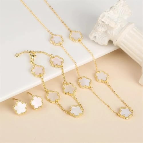 14K Gold-Filled Clover Necklace For Women - Classic Five-Leaf Flower Set Bracelet Necklace Earrings Jewelry Set, Five Leaf Clover Necklaces Dainty Lucky Clover Jewelry - color: White - Clover Necklace