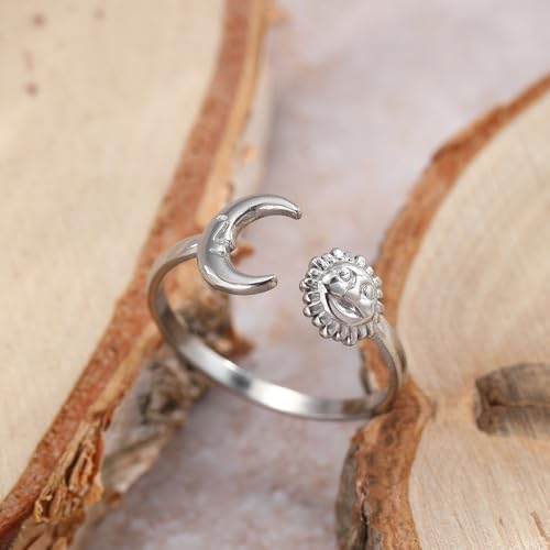 Sun and Moon Rings Stainless Steel Crescent Sun Rings for Women Gold Open Ring Middle Index Finger Jewelry Gift - color: A-Silver Sun&Moon
