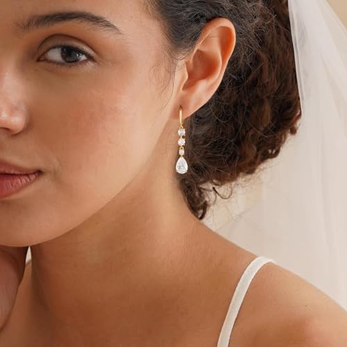 Dangle Earrings for Women Trendy, 14K Gold Plated CZ Huggie Drop Earrings, Dainty Long Chain Prom Wedding Jewelry Gift for Her - style: Teardrop CZ