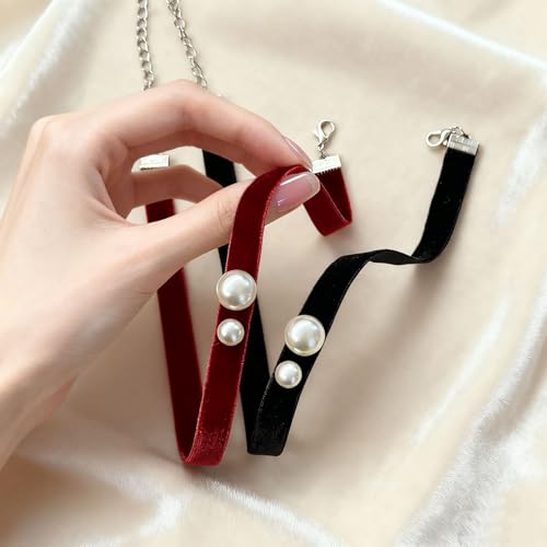 Bow Necklace for Women Dainty Velvet Ribbon Choker Necklaces Red Black Bow Choker Pearl Bell Heart Pendant Necklace Winter Holiday Necklace Cute Bow Knot Necklace for Christmas New Year Gifts - color: Red choker