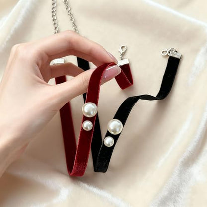 Bow Necklace for Women Dainty Velvet Ribbon Choker Necklaces Red Black Bow Choker Pearl Bell Heart Pendant Necklace Winter Holiday Necklace Cute Bow Knot Necklace for Christmas New Year Gifts - color: Red choker