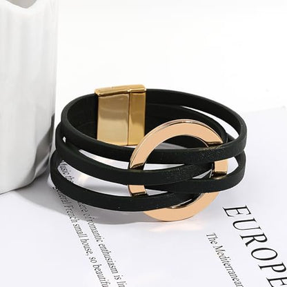 hotoo Circle Charm Bracelets for Women Handmade Leather Wrap Bracelets for Couples Friendship Bracelet Bohemian Cuff Bangle Boho Jewelry Gift - color: New Green