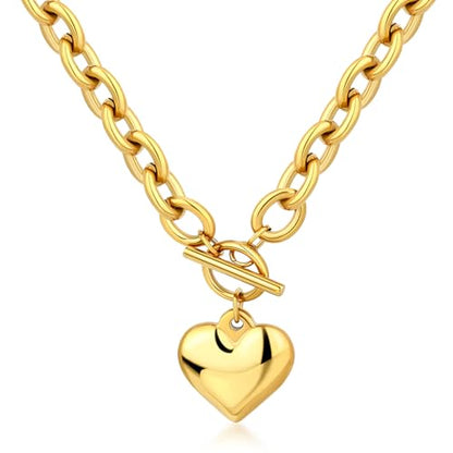 Chunky Gold Necklace for Women, 18K Waterproof Heart Necklace Statement Necklace Gold Charm Necklace Chunky Jewelry Paperclip Chain Choker Gift for Women - style: OT Chunky Chain Heart