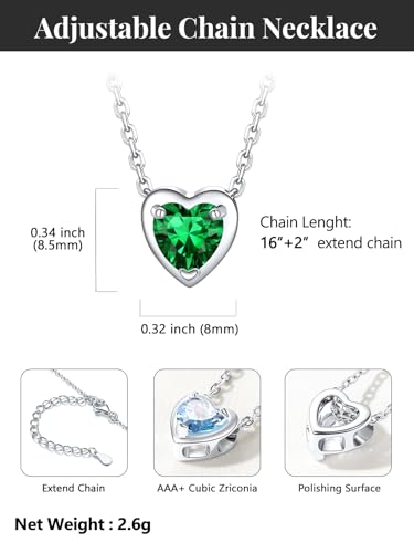 Silvora Heart/Round Birthstone Necklace for Women, Sparkling Crystal Pendant, Dainty Birth Month Jewelry, Adjustable 16"+2" Chain - color: Silver, style: May Heart