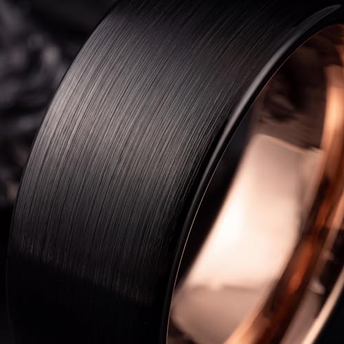 Tungsten Wedding Band Ring 10mm 8mm 6mm 4mm for Men Women 18k Rose Gold Plated Dome Black Grey Brushed Polished - color: 7 Rose Gold Black Tungsten