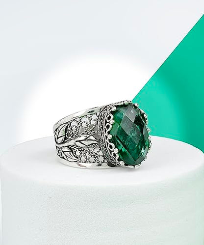 Filigranist 925 Sterling Silver Filigree Art Lace Embroidery Tulip Detailed Gemstone Women Cocktail Ring, Luxurious Gift Boxed - color: Emerald