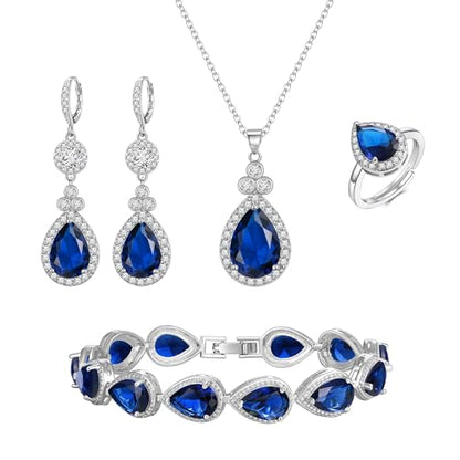 Crysdue Wedding Bridal Teardrop CZ Pendant Necklace Open Ring Dangle Earrings Adjustable Slider Bracelet Jewelry Set, Birthday Mothers Day Christmas Jewellery Gift for Women/Mom/Wife - style: 03-4 pcs Round&Teardrop-Blue Silver-Tone