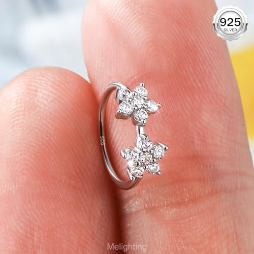 Melighting 20G Nose Ring Hoop 925 Sterling Silver Butterfly Flower Nose Hoop Seamless Open Helix Piercing Clear Double CZ 8 mm Cartilage Earring Nose Piercing for Women - color: Double Flower