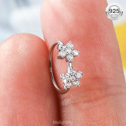 Melighting 20G Nose Ring Hoop 925 Sterling Silver Butterfly Flower Nose Hoop Seamless Open Helix Piercing Clear Double CZ 8 mm Cartilage Earring Nose Piercing for Women - color: Double Flower