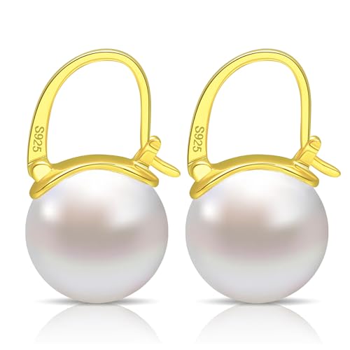HUGE TOMATO Elegant 925 Sterling Silver Pearl Drop Earrings for Women, 14K Gold Plated Dangle Stud Earrings, Hypoallergenic Large Pearl Hoop Earring dangling 12mm - color: White Pearl Gold Hoop