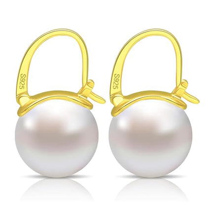 HUGE TOMATO Elegant 925 Sterling Silver Pearl Drop Earrings for Women, 14K Gold Plated Dangle Stud Earrings, Hypoallergenic Large Pearl Hoop Earring dangling 12mm - color: White Pearl Gold Hoop