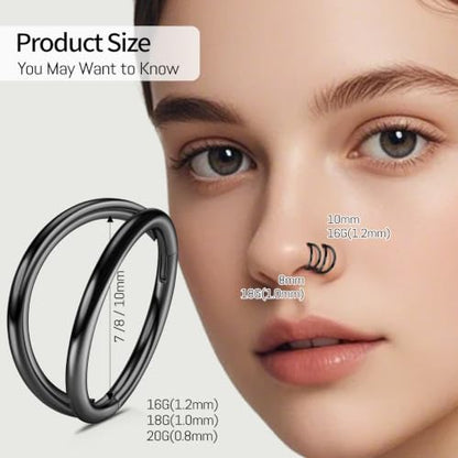 WBRWP 2PC Titanium Double Hoop Nose Rings: 16G/18G/20G Cartilage Earrings Septum Rings Clicker, Hypoallergenic Lightweight Conch Piercing Jewelry Black Gold Silver Rose Gold - color: Black, size: 16g 7mm