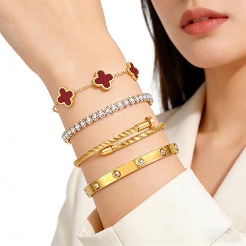 Gold Bracelets for Women, 18K Gold Plated Women Tennis Bracelets Clover Nail Love Bangle Bracelet Set, Gold Bracelet Stackable Set Trendy Jewelry, Gifts for Women's Day and Mother's Day - color: 12-Color- 4 Red