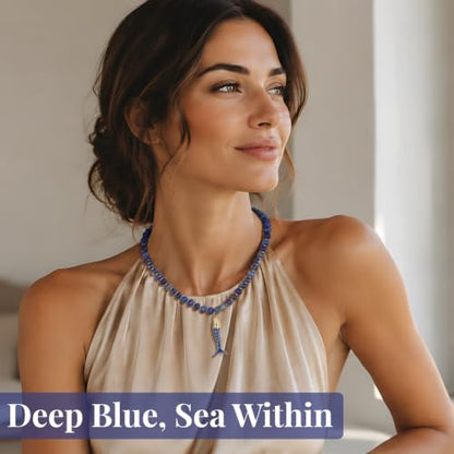 SAMYA Gemstone Beaded Necklace for Women, Natural Stone Ocean Jewelry | Fish or Seashell Pendant Beach Necklace, Gold Spacer Accents, Reinforced Stainless Steel Clasp, Adjustable 16"+2" - color: Lapis Lazuli