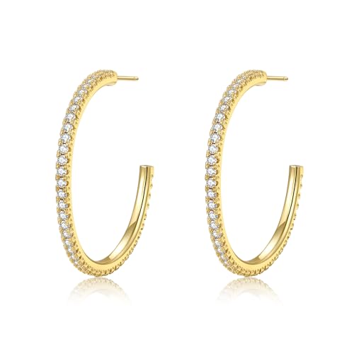 925 Sterling Silver Earrings Large Rhinestone Hoop Earrings Big Cubic Zirconia Hoop Earrings Thin Rhinestones Round Hoop Earrings for Women 20/30/40/50/60/70mm Sparkly Hoops With Crystals for Womens - color: 40mm-Gold