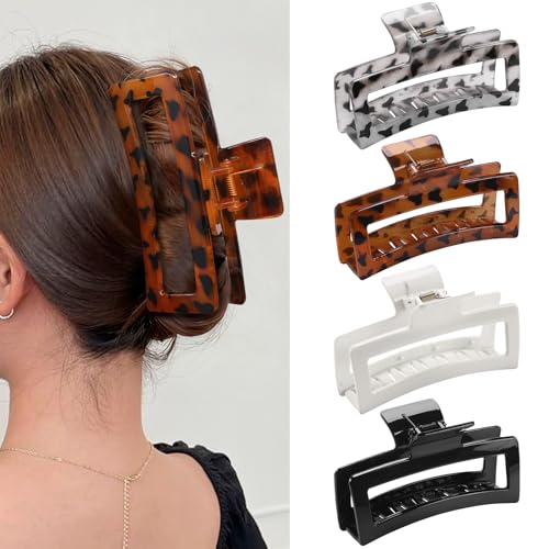 5 Inche Extra Large Claw Clips for Thick Hair, 4 Pack Xl Leopard and Glossy Claw Clips, Jumbo Non-Slip Rectangle Hair Clips for Women, Strong Hold Jaw Clips for Long Hair - color: Tortoiseshell