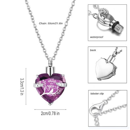 Q&D&S Crystal Urn Necklace for Ashes, Heart Birthstone Memorial Cremation gift Jewelry for Women - color: purple