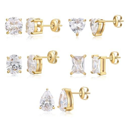 Oversized Bling Cubic Zirconia Stud Earrings Set, 5 Pairs Luxury 18K Real Gold Plated Stainless Steel Earrings, Waterproof Anti-Tarnish Hypoallergenic Ear Studs, Sparkling Jewelry for Women Teen Daily Wear Wedding Gifts