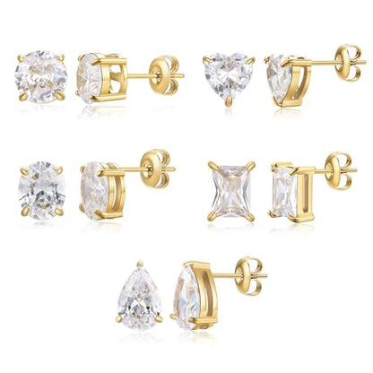 Oversized Bling Cubic Zirconia Stud Earrings Set, 5 Pairs Luxury 18K Real Gold Plated Stainless Steel Earrings, Waterproof Anti-Tarnish Hypoallergenic Ear Studs, Sparkling Jewelry for Women Teen Daily Wear Wedding Gifts