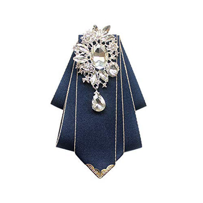 Crystal Bow tie Brooches Collar Pin Jewelry ribbon Fabric Bowknot Pre Tied Neck Tie For men Women wedding bridegroom - color: Navy Blue