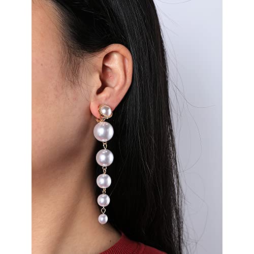 Gold Metal Clip On Earrings for Women Non Pierced Dangle Drop Earrings Multiple Styles - color: gold long pearl