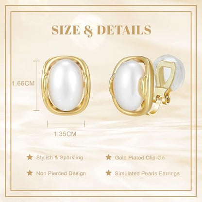 YOQUCOL Natural Stone Trendy Clip On Stud Earrings for Women Gold Plated Non Pierced Statement Earrings Fashion Jewelry - color: Oval-Pearl