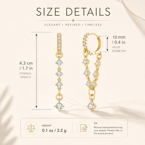 Gold Dangle Hoop Earrings for Women 14K Gold Plated Cubic Zirconia Small Huggie Drop Dangle Earrings Trendy CZ Bridal Wedding Jewelry