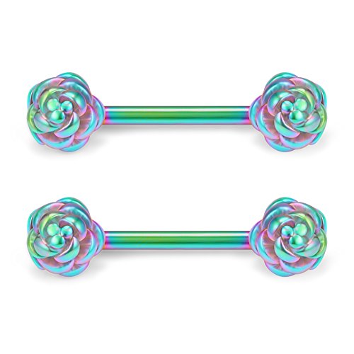 316L Stainless Steel Vintga Flower Rose Nipple Shield Barbell Ring Bar Body Piercing 14G 2-12PCS - color: 2pcs - Rainbow