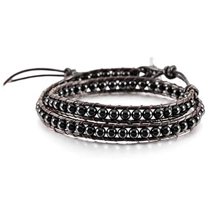 Boho Bracelets Adjustable Rope Buckle Handmade Leather-Wrapped Bracelet Jewelry Bohemian Style Bracelets Natural Stone Wrap Bracelets Variety Beads Strand Bracelet - color: Black