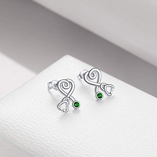 Stethoscope Earrings 925 Sterling Silver Heart Studs Earrings 12 Months Birthstone Crystals from Austria, Graduation Jewelry Gifts for Nurse Doctor RN Medical Student - color: Simulated Emerald