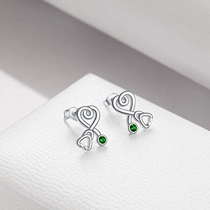 Stethoscope Earrings 925 Sterling Silver Heart Studs Earrings 12 Months Birthstone Crystals from Austria, Graduation Jewelry Gifts for Nurse Doctor RN Medical Student - color: Simulated Emerald