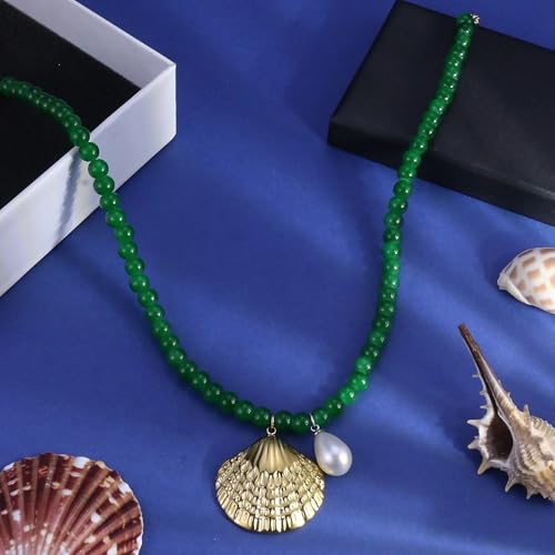 Fish Shell Necklace for Women, Beaded Necklaces Boho Statement Necklace, Pearl Necklaces Summer Beach Vacation Dress & Costume Jewelry - color: Green-shell