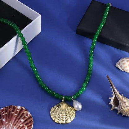 Fish Shell Necklace for Women, Beaded Necklaces Boho Statement Necklace, Pearl Necklaces Summer Beach Vacation Dress & Costume Jewelry - color: Green-shell