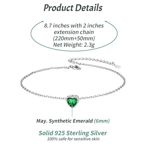 ChicSilver 925 Sterling Silver Anklets for Women, Simple Dainty Round/Heart Birthstone Ankle Bracelet Beach Foot Jewelry, 8.7-10.7 Inch Adjustable - color: 05. Heart - May(Emerald)