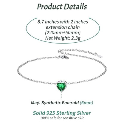 ChicSilver 925 Sterling Silver Anklets for Women, Simple Dainty Round/Heart Birthstone Ankle Bracelet Beach Foot Jewelry, 8.7-10.7 Inch Adjustable - color: 05. Heart - May(Emerald)