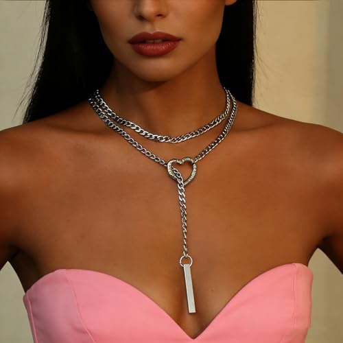 Slip Chain Necklaces for Women Stainless Steel Bar Pendant Choker Necklace Boho Handmade Long Lariat Necklace Silver Statement Punk Rock Collar Jewelry - style: layered silver heart