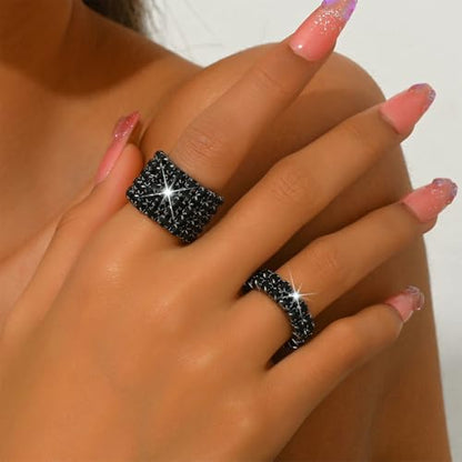 Fashion Silver Bling Rhinestone Crystal Stretch Rings Set for Women | Sparkly Rhinestone Elastic Finger Nail Ring Glitter Stretchy Stack Statement Knuckle Rings Cocktail Jewelry Accessories Pack - color: Black