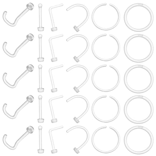 Yolev 30 Clear Nose Rings Studs Acrylic Nose Piercing Retainer Invisible Nose Stud for Work Flexible Nose Ring Retainer Nose Ring Hoop Belly Button Septum Lip Eyebrow Tongue Nipple Rings Body Jewelry