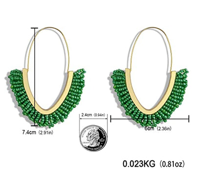 V-Shaped Beaded Dangle Earrings - Statement Drop Fringe Earrings, Boho Handmade Tassel Jewelry Gift for Women - color: Green
